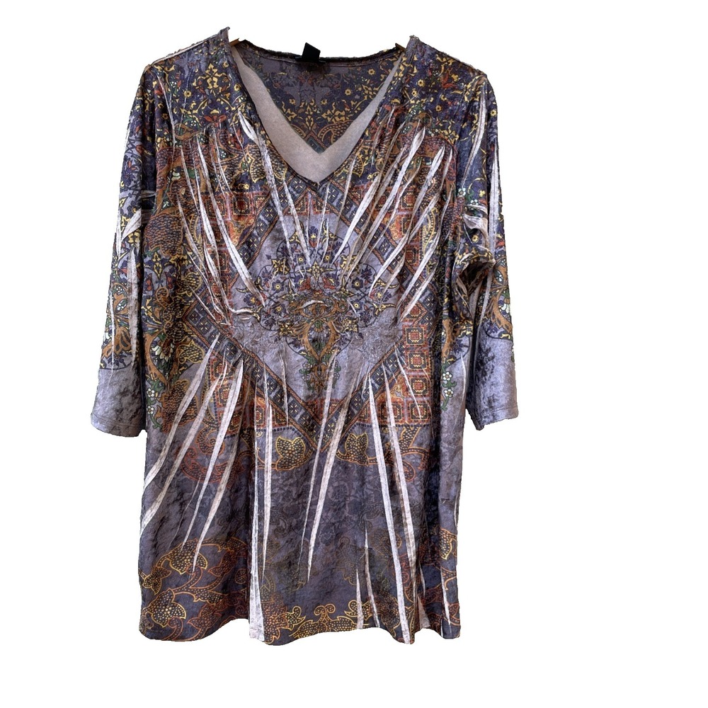 Style & Co Top Womens Plus size 1X Floral Mandala V-Neck Velvet 3/4 Sleeve Causa